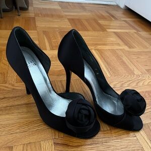 Stuart weitzman Elegant Black Peep-Toe Heels with Floral Accent
